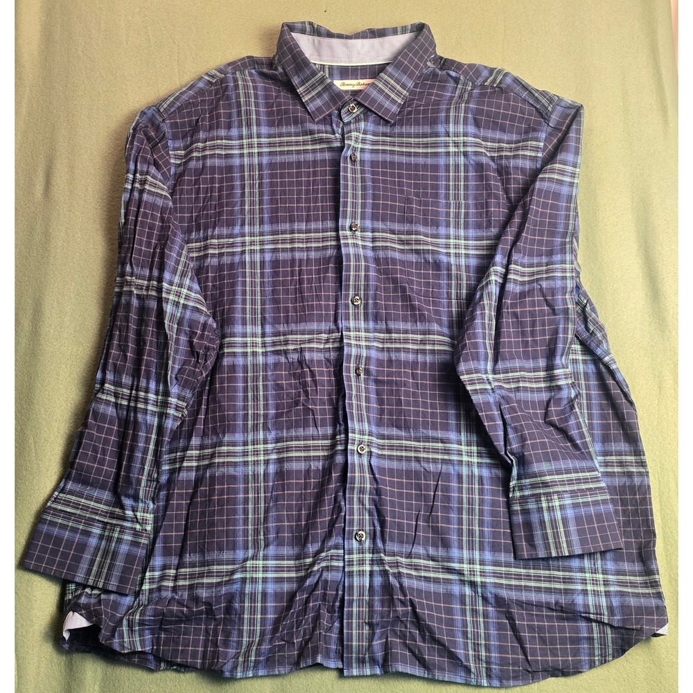 Tommy Bahama Mens 2XLB Big Silk Blend Plaid Long Sleeve Button Down Shirt Navy - Picture 1 of 11